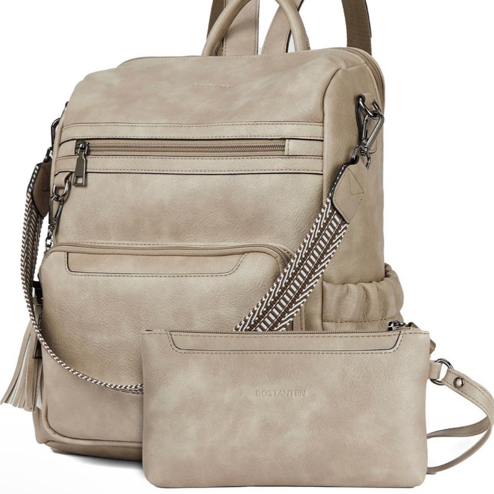 Tan Backpack and Clutch Set with Adjustable Straps